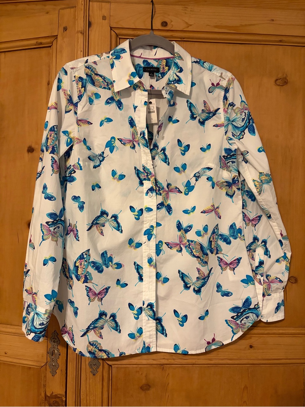 Talbots Women’s Cotton White Button-Up Shirt with Butterfly Print Sz Small